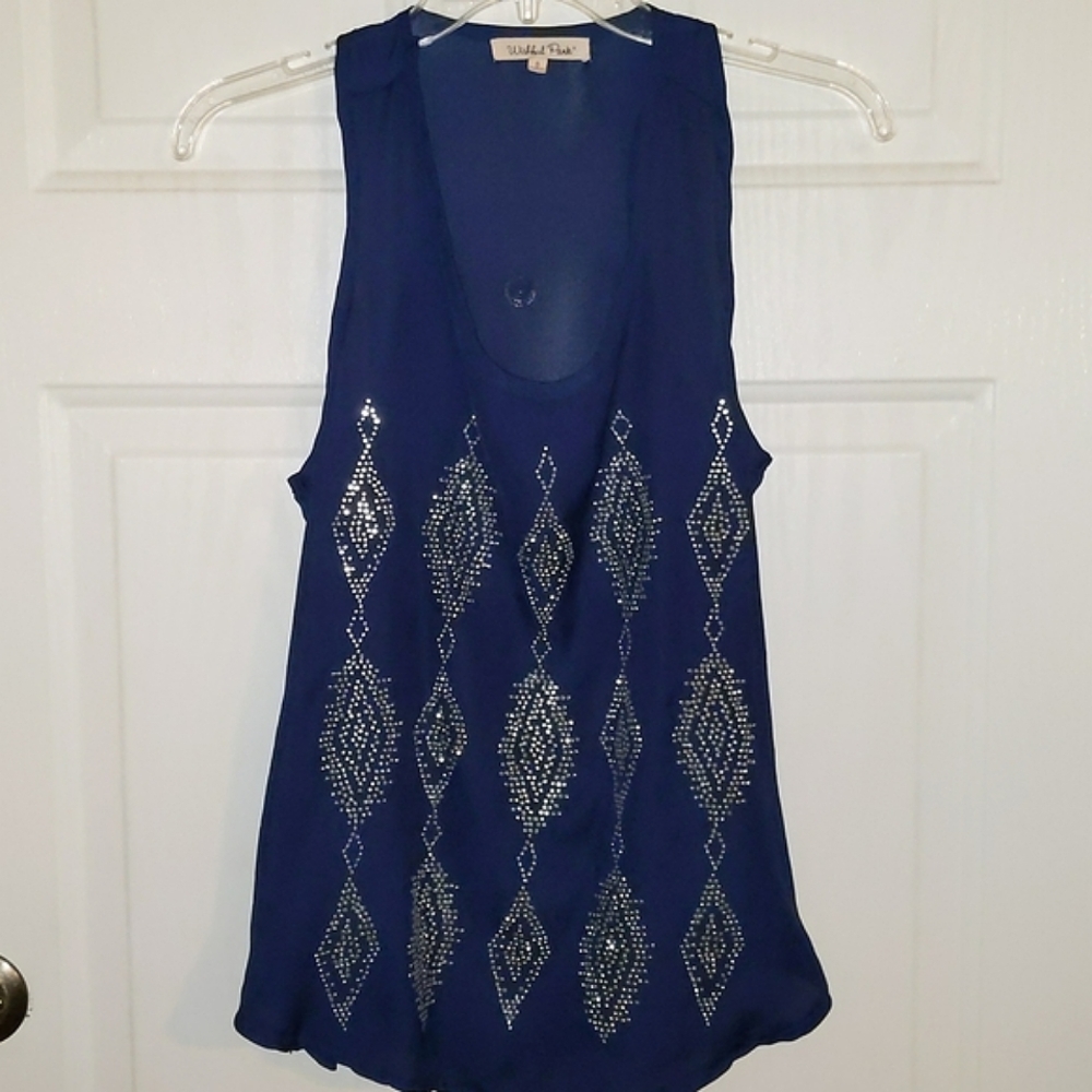 Ladies Wishful Park Sheer Navy Blue Racerback tank with Bling Detail Sz …